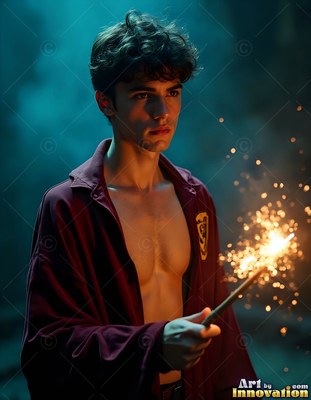 Turned half away in a dim hall, a young man grips a sparking wand