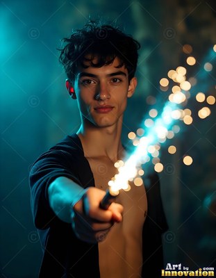 A young man wearing an unbuttoned black shirt points a wand shooting bright sparks