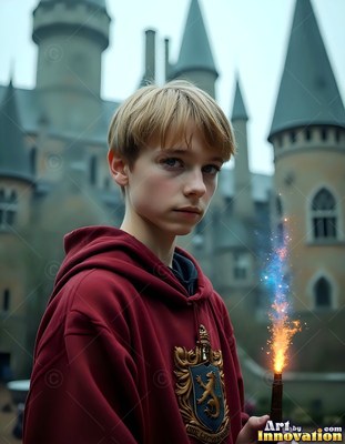 Just outside a castle, a blond young man holds a sparking wand in a red hoodie