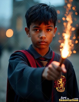 Aiming a wand that shoots sparks, a young man wears a dark school robe
