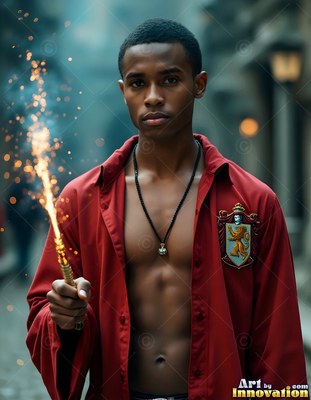 A young Black man in an open red shirt holds a wand casting sparks