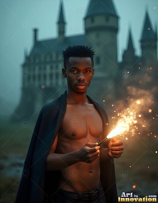 A black cloak rests on the bare shoulders of a man holding a sparkler outside a misty castle