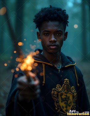 A young man points a wand forward with bright golden sparks in a dim wood