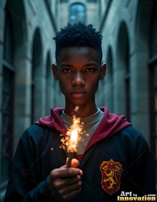Facing forward in a stone hallway, a young man holds up a sparking wand