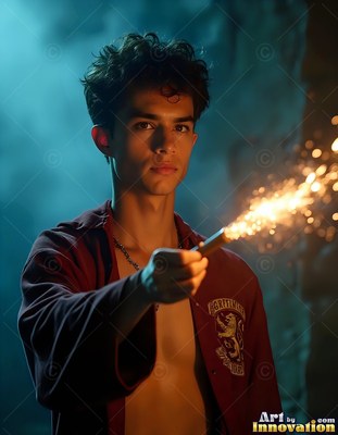 A young man in an unfastened red shirt points a wand shooting bright sparks