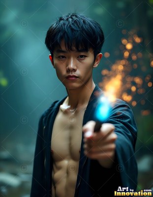 In a dark forest, a shirtless young man in a black robe aims a sparking wand
