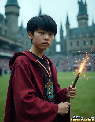 Holding a sparking wand, a young Asian man in red robes stands by a castle field