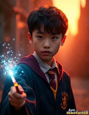 Young man pointing a magic wand with bright blue sparks