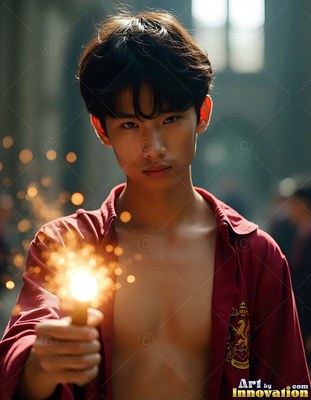 Dark hair falling over his forehead, a young man grips a lit wand in a stone hall