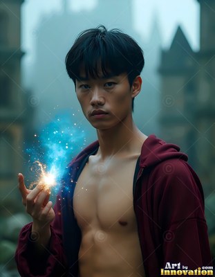 A young man carries bright blue and gold sparks between his fingers in a dark yard