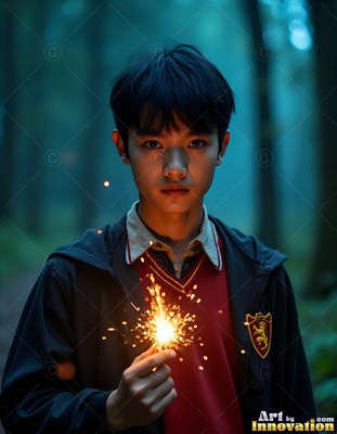 Facing forward in the woods, a young man in a red sweater holds a bright spark