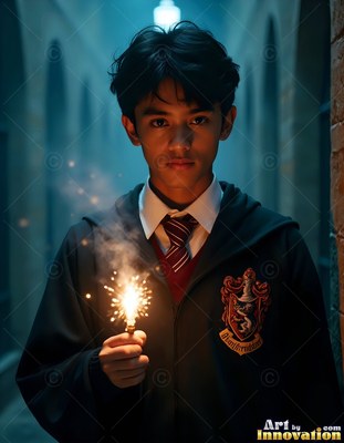 A young man in a school robe holds a small bright sparkler in a dim hallway