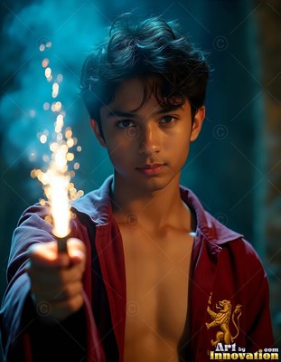 In a dim room, a young man in a parted red shirt points a sparking wand forward