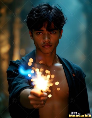 Holding a bright sparkler forward, a dark-haired young man stands in an open shirt