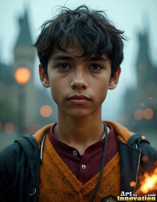 Young man in an orange sweater standing before castle towers