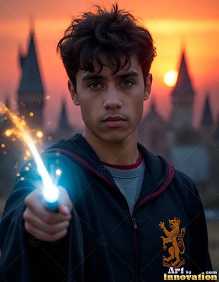 Dark curly hair frames a young man in robes aiming a sparking wand at sunset