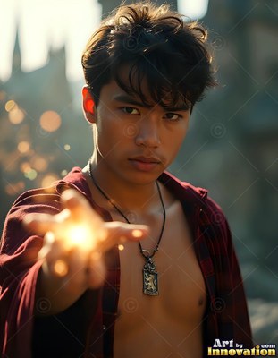 A young man reaches forward with bright yellow light shining from his open hand