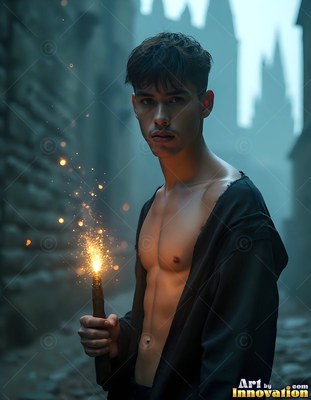 Facing forward in a dim alley, an open-shirted man holds a sparking wand