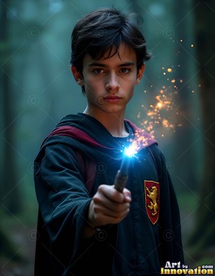 A young man in a black wizard robe points his sparking wand forward in the woods