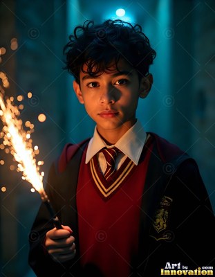 In a dark corridor, a young man holds up a wand shooting bright sparks