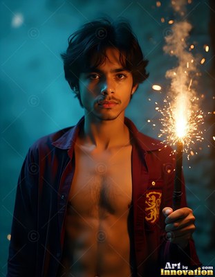 Holding a bright sparkler, a young man wears an open maroon shirt in blue light
