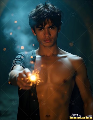 A young shirtless man holding a sparkler in the dark