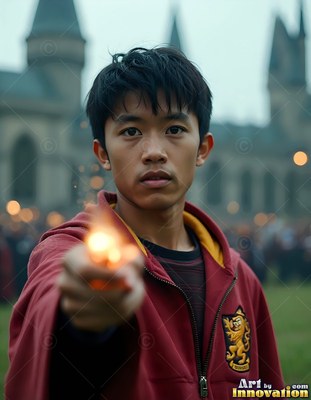 Wearing a red zip robe, a young Asian man aims his spark-tipped wand in front of a castle courtyard
