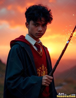 A young man holds a sparkling wand against a bright orange sunset