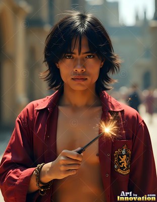 Facing forward outdoors, a young man grips a sparkling wand in his loose red shirt