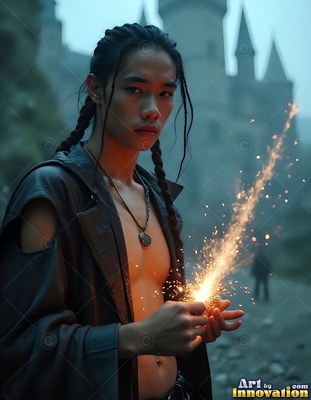 A young man in a dark open coat holds bright sparks in front of a castle