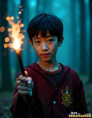 In a dark misty forest, a young Asian man holds out a spark ler wand