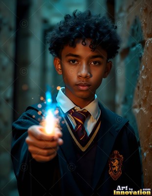 Holding a spark of blue flame forward, a young man wears a school robe in an alley