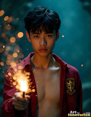 Young man in an unfastened red shirt holding up bright sparks
