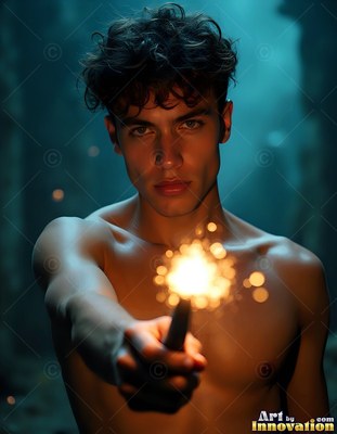 Curly dark hair falls over the forehead of a shirtless man holding a sparkler in a dim room