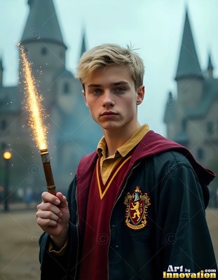 A young blond man holds a wand shooting bright yellow sparks outside a castle