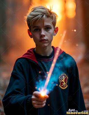 Facing forward in woods, a young man carries a wand sparking blue light