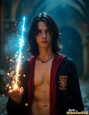 A shirtless young man in a dark robe holds a bright beam of light in his hand