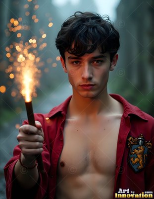On a misty path, a young man grips a sparking wand while wearing a loose red shirt