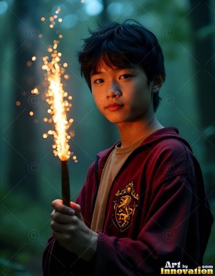 Shooting sparks from his wand, a young man in a red cloak stands in a dark forest