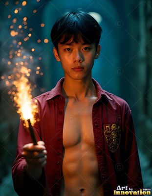An unbuttoned red shirt shows a young man holding a sparking wand in a dark hall