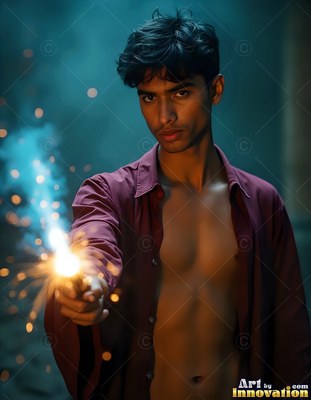 A bare-chested young man wearing an unbuttoned maroon shirt points a sparking wand that flashes with warm light