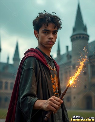 Facing forward by the walls of a castle, a young man holds up a sparking wooden wand