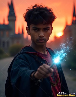 A young man aims a wand with blue sparks near a castle at sunset