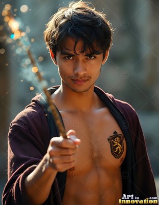 In a dim courtyard, a shirtless young man points a sparking wooden wand