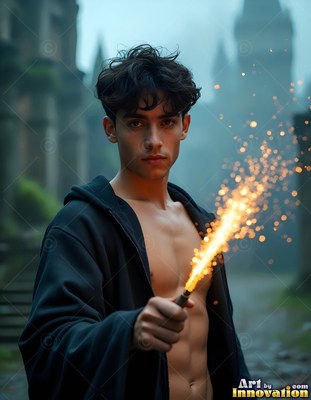 Holding a sparking wand, a shirtless young man in a black robe stands in a courtyard