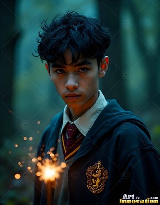 Young man in a school robe holds a sparkler in the woods