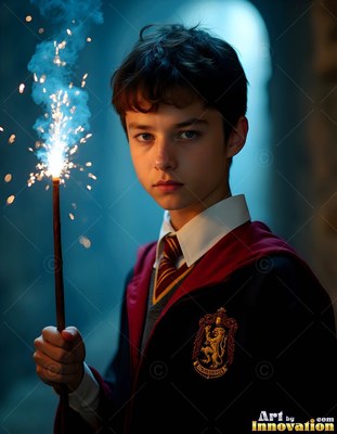 Wearing a scarlet-trimmed school robe, a young man raises a sparking wand in a hall