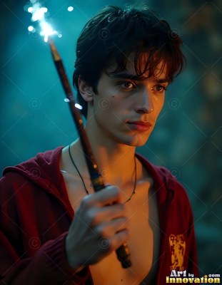 A young man raises a sparkling wand that casts blue light on his face