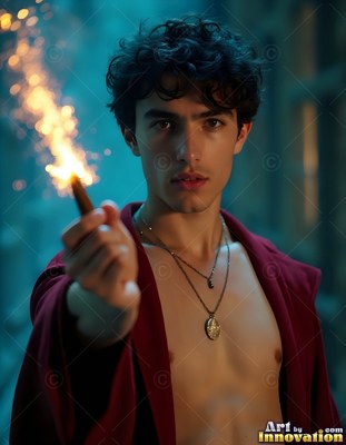 Facing forward in a dim hall, a young man holds out a sparkler in an unfastened scarlet robe