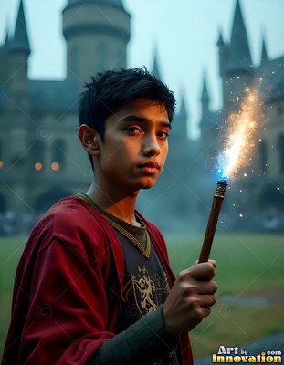 A young man in red robes holds up a wand sparking bright light in front of a castle